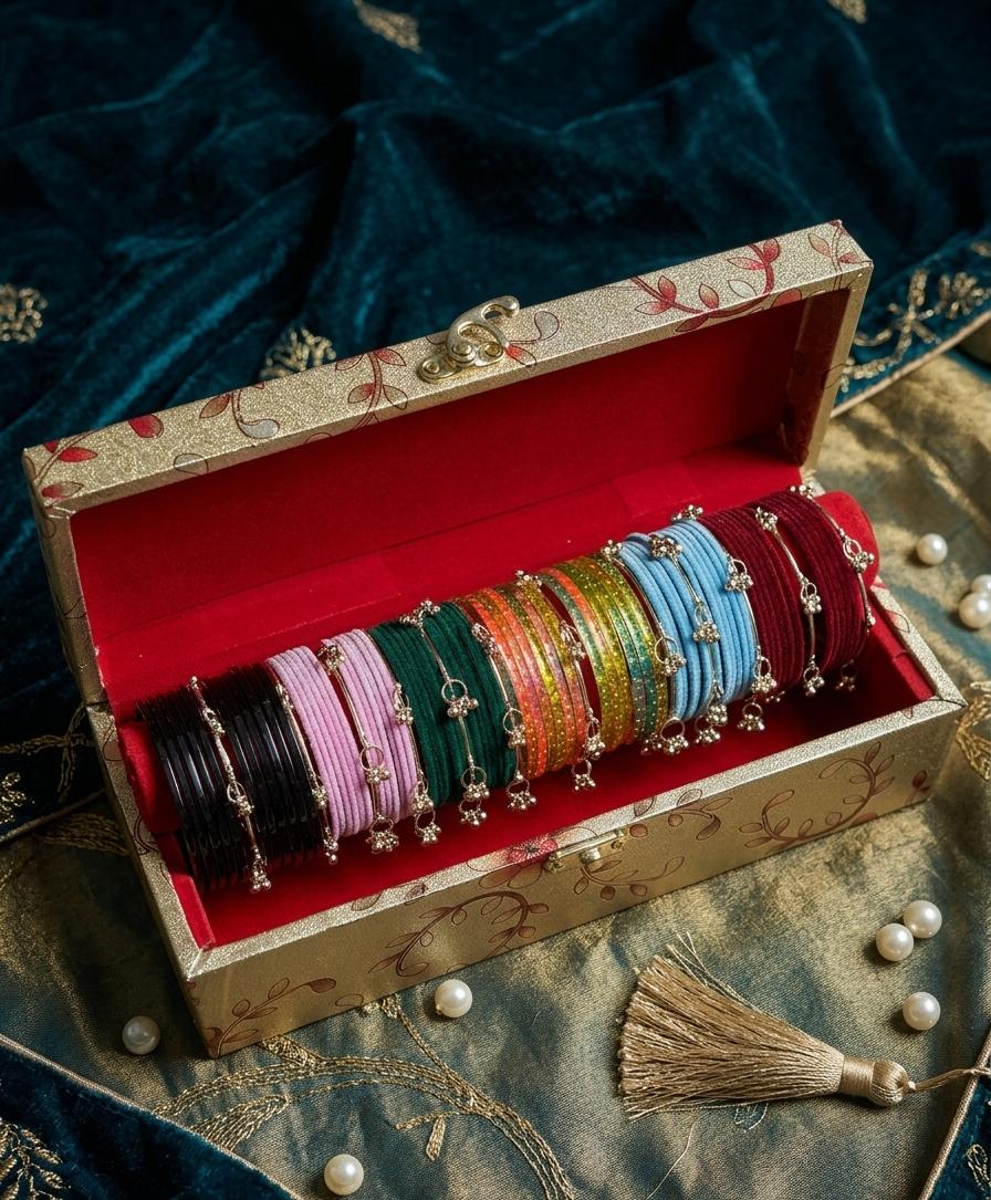 4 Color Bangle Box with 8 Ghungroo Bangles Set 🌸